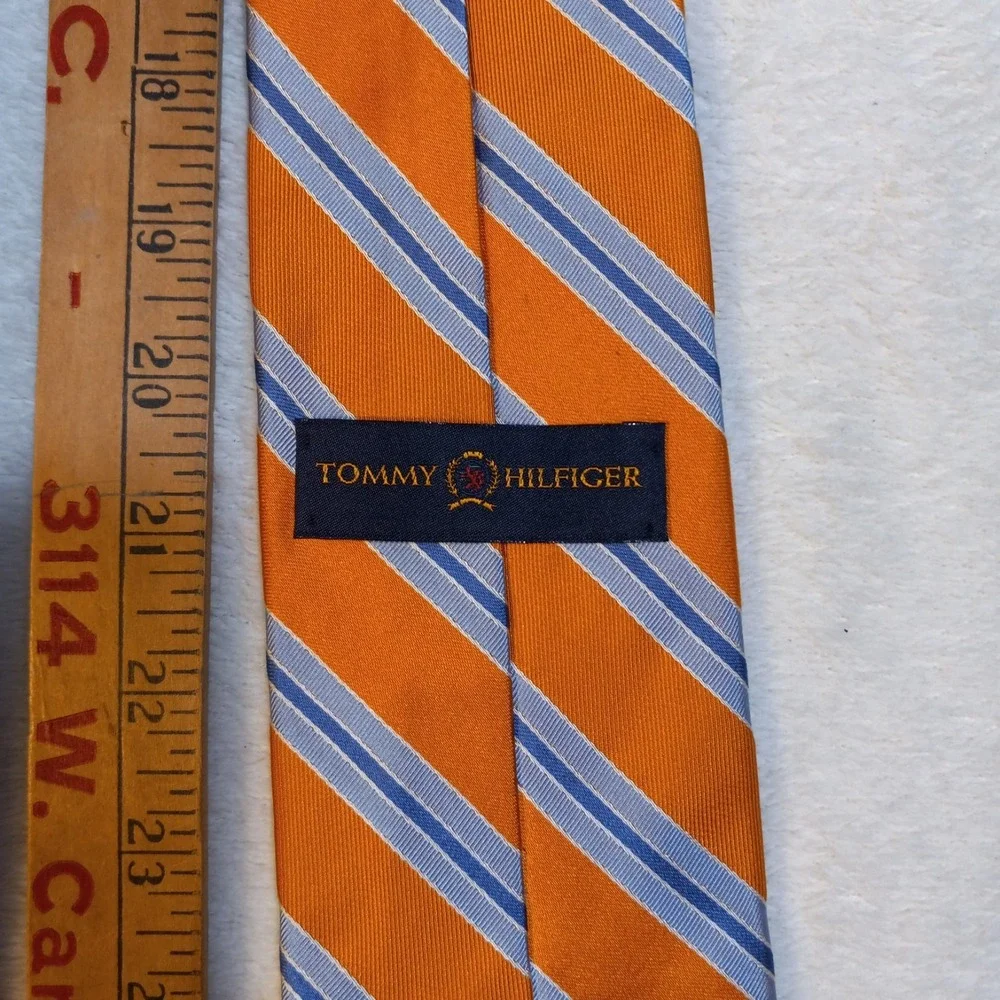 Vtg Hilfiger 100% Silk Orange Striped Repp Tie Hand Sewn Preppy BLUE TAIL